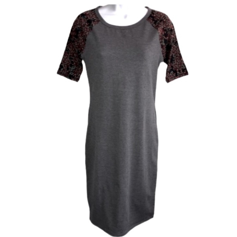 LULAROE Julia Simply Comfortable Grey & Burgundy Short Sleeve Midi Dress